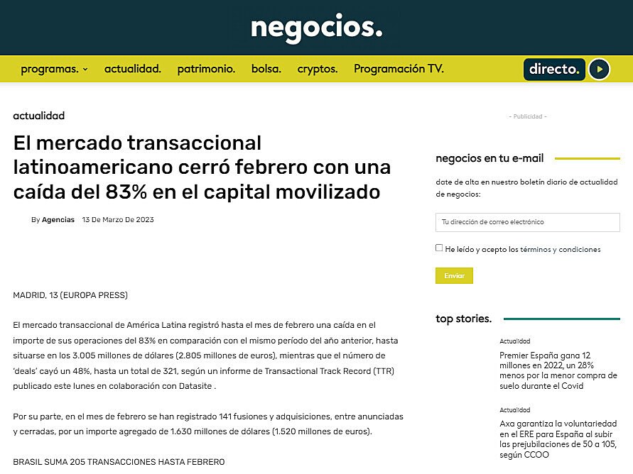 El mercado transaccional latinoamericano cerr febrero con una cada del 83% en el capital movilizado